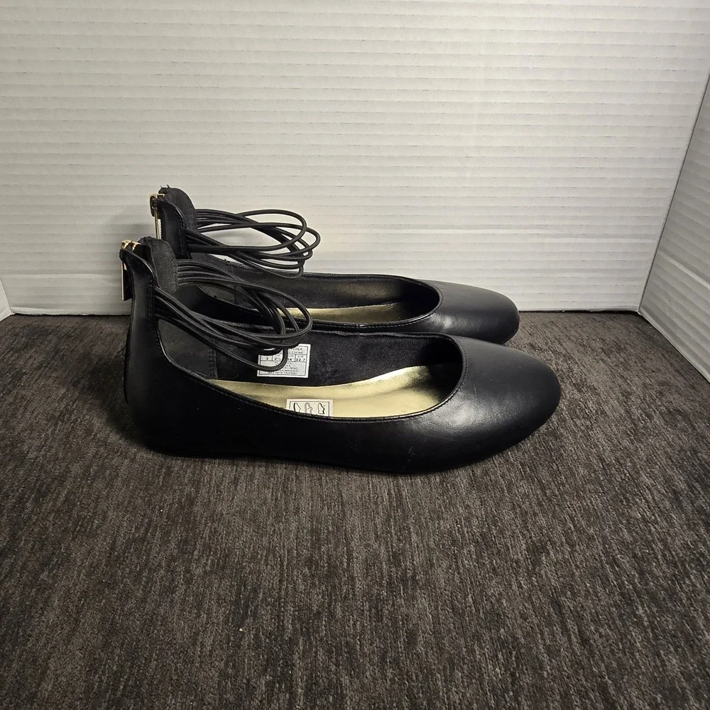 Nine West Girls Black Ankle Strap Ballet Flats Round Toe‎ Back Zip Size 3